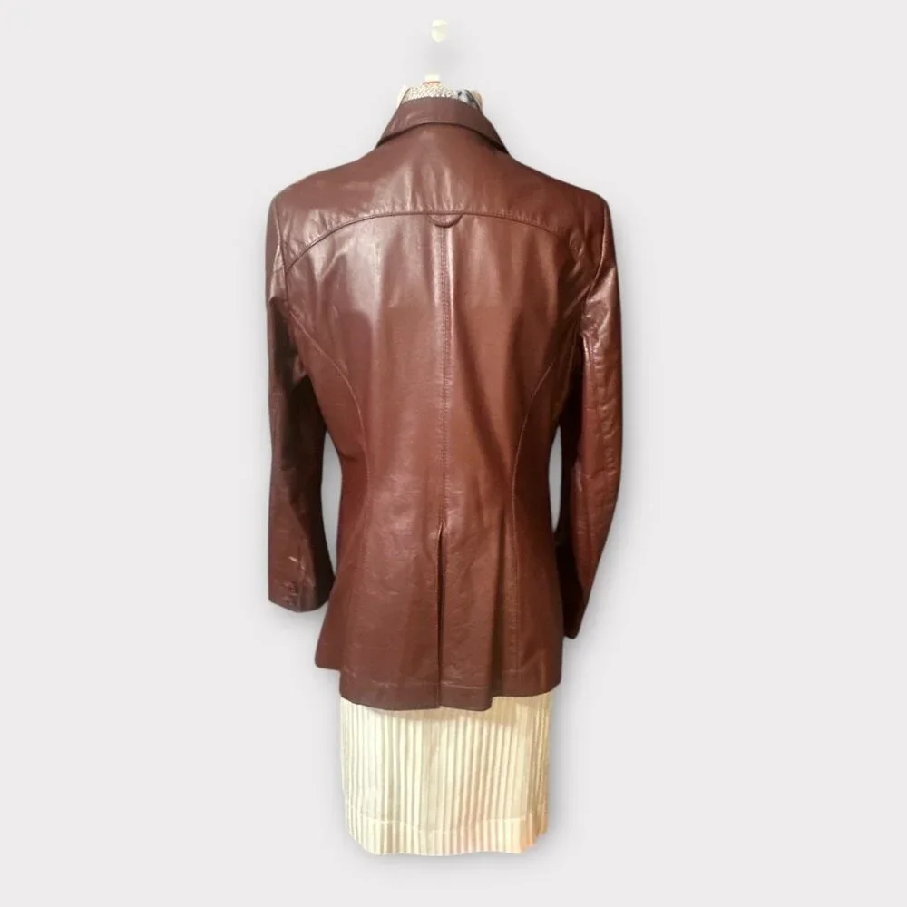 VTG Etienne Aigner Blazer Women M-L Oxblood Leather Notch Collar Jacket 1980s - Picture 3 of 12